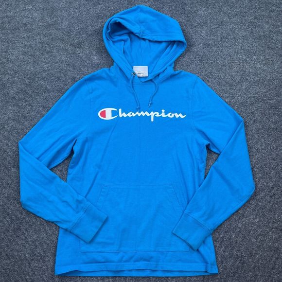 Champion Tops - Champion Hoodie Adult Size Small Blue Pullover Sweatshirt Script Logo Cotton